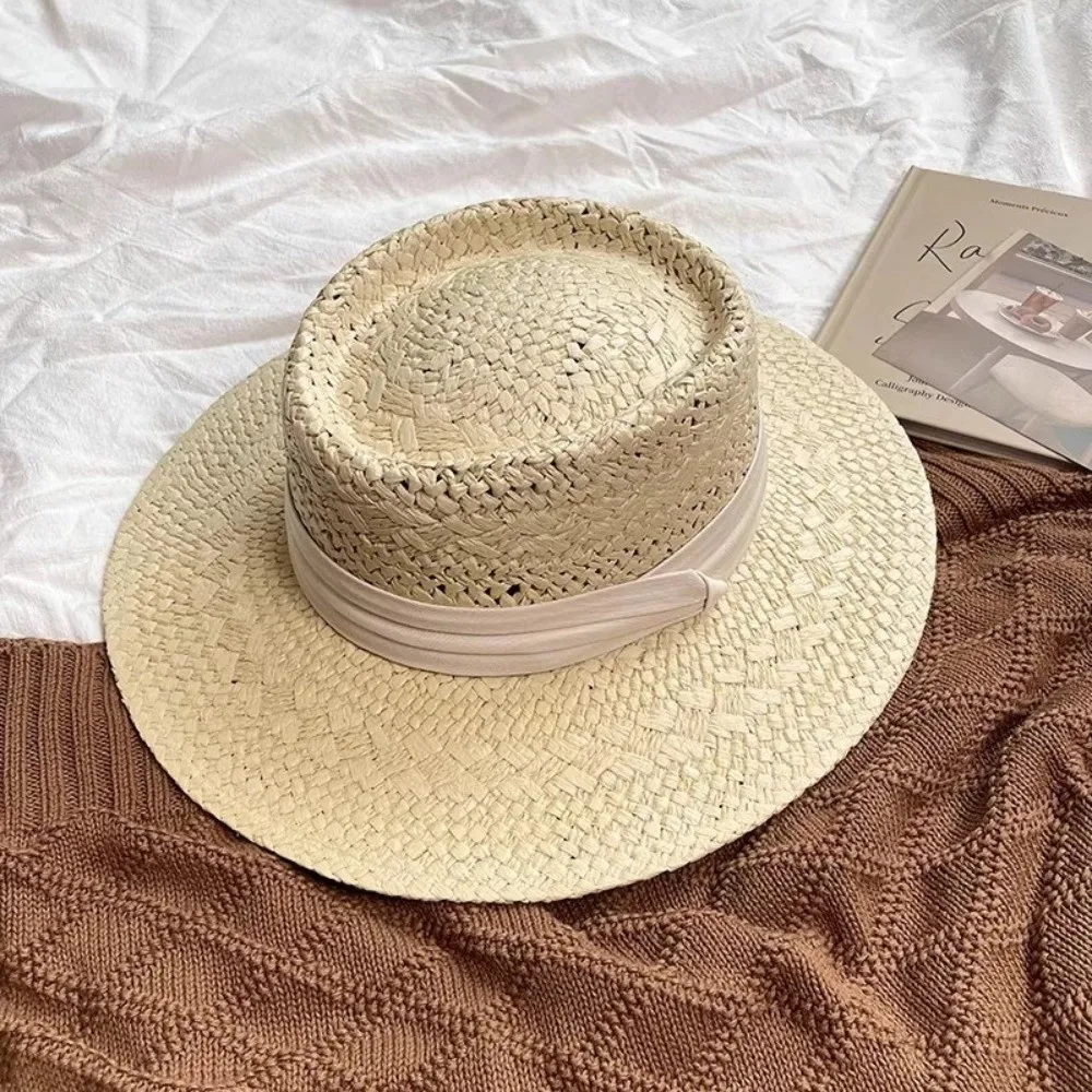 

Fashion Wide Brim Hollow Straw Hat Sunscreen Cloth Buckle Western Cowboy Hat Panama Hat French Style Visor Cap Outdoor