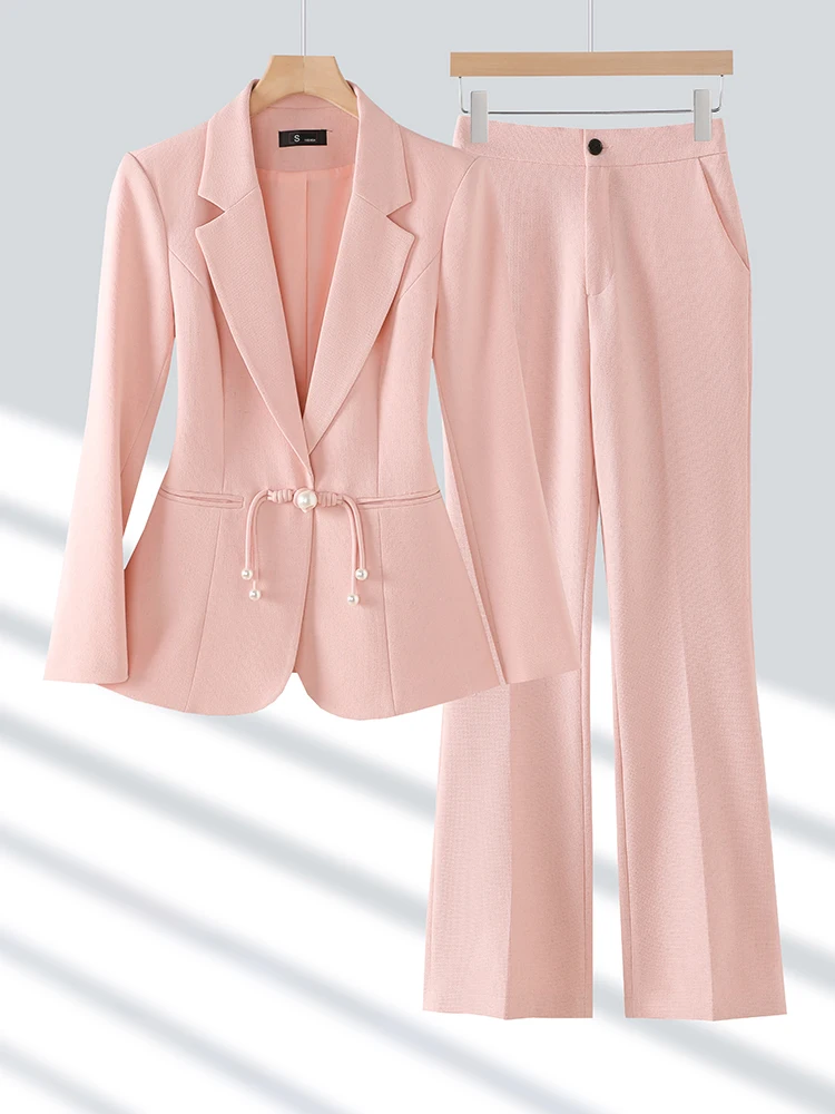 Elegant Pink Beige Black Office Ladies Pant Suit Women Female Business Work Wear Jacket Blazer and Trouser Formal 2 Piece Set