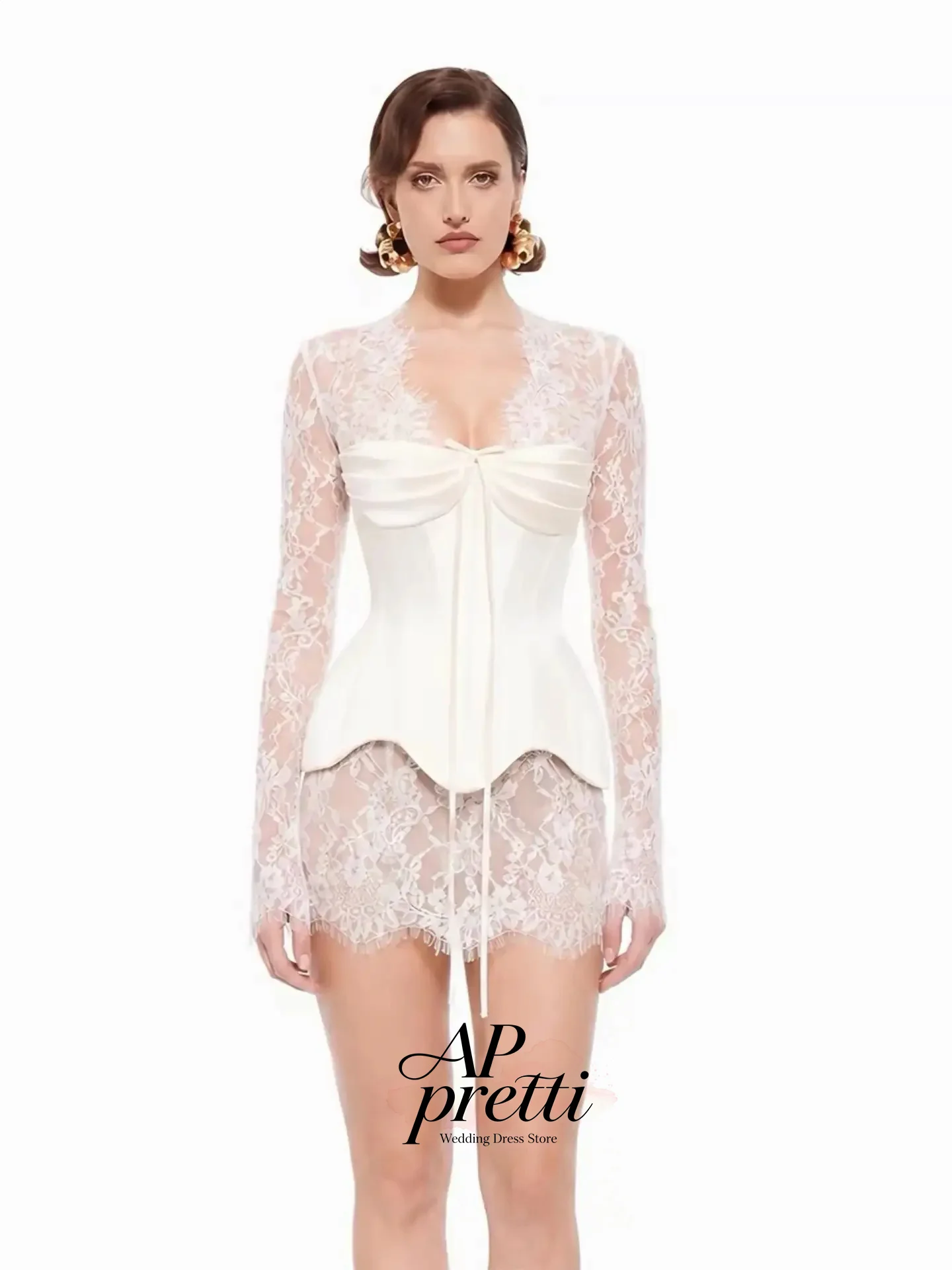 AP pretti 2026 Ivory Lace Satin Mini Wedding Dress Deep V Neck Customized Mini-Length Sheath Full Sleeves Short Bridal Gown