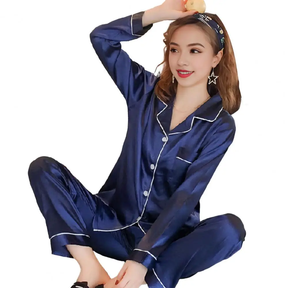 Women Two-piece Loungewear Set Silky Ice Silk Pajamas Set with Lapel Long Sleeve Shirt Wide Leg Pants