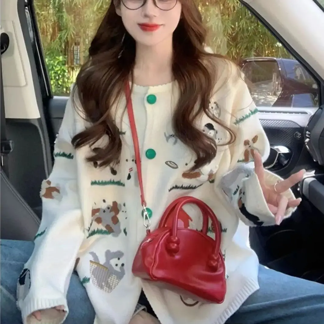 

2025 New Fun Dog White Sweater Coat for Women's Autumn and Winter Sweet Aging Soft Glutinous Knitted Cardigan