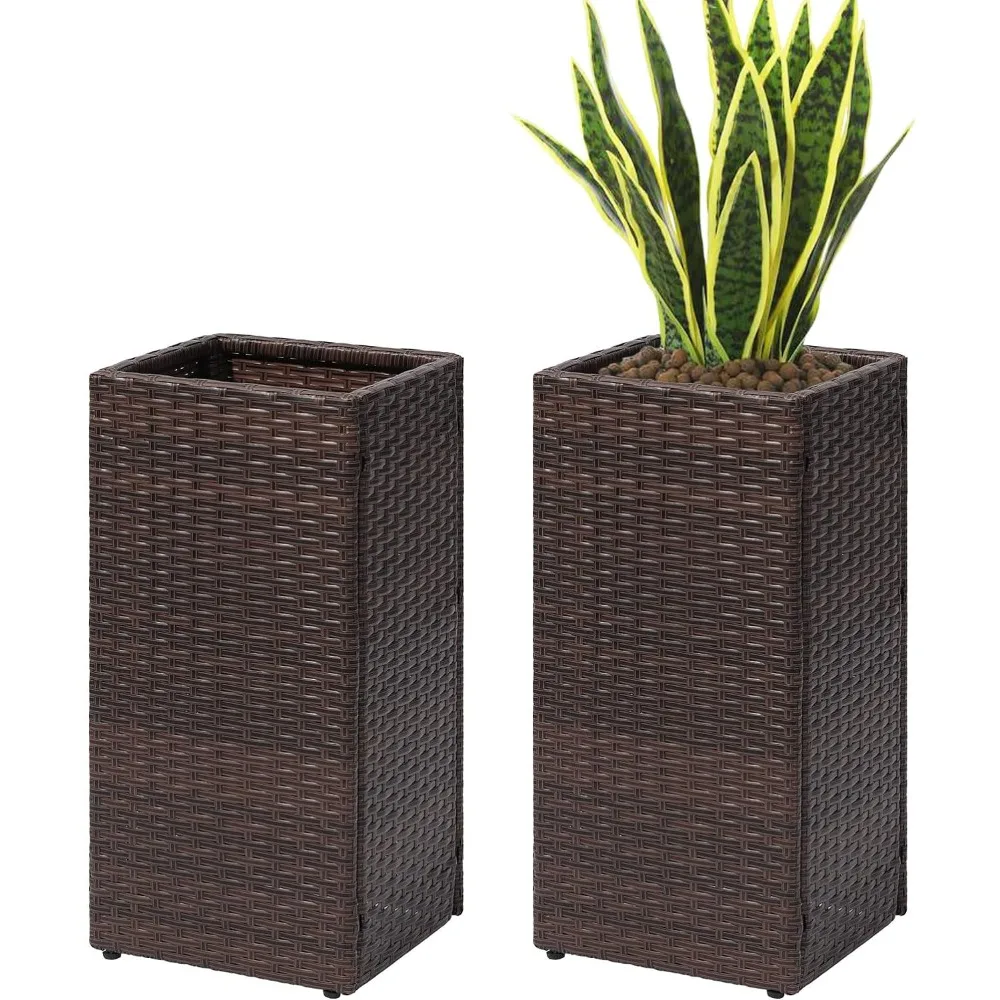 

2 Pack Tall Planters for Outdoor Plants Rattan Modern Tall Square Planter Box with Removable Liners Indoor Outdoor Flower Pot