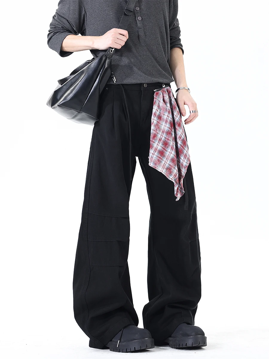 

Detachable Plaid Scarf Men's Jeans Casual Straight Leg Loose Fit Dstring Trousers American High Street Sle Knife Blade