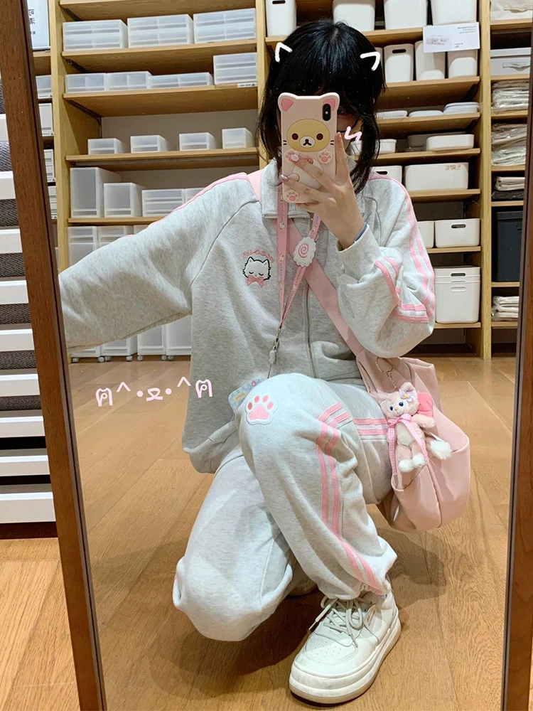 Harajuku Cute Cat Embroidery Hoodie Gray Sports Preppy Students Cartoon Zip Up Sweatshirt Coats Loose Autumn Winter Casual Loose