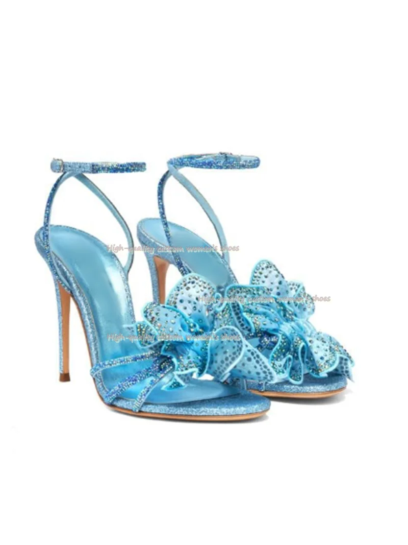 Orange Color Silk Fabric Mesh Flowers Rhinestones Decorative High Heel Shoe Square Head Stilettos Shoe Wedding Dinner Sandals