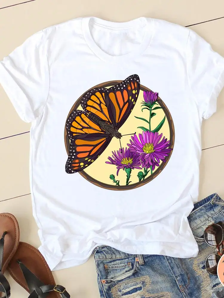 T-shirts Graphic Tee Clothing Summer Short Sleeve Ladies Flower Peace Lovely Casual Women Fashion Female T Shirt Clothes