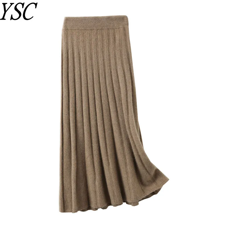 

YSC 2023 autumn Women Knitted 100% pure Wool Half length skirt Solid color Pleats Retro style pleasantly Loose fit skirt