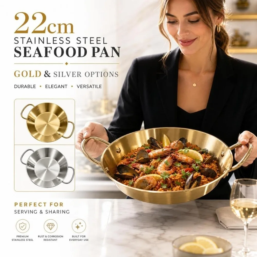 Double Handles Stainless Steel Saucepan 22cm Silver Gold Paella Pan Griddle Dry Pot‌ Seafood Rice Pot Commercial Use