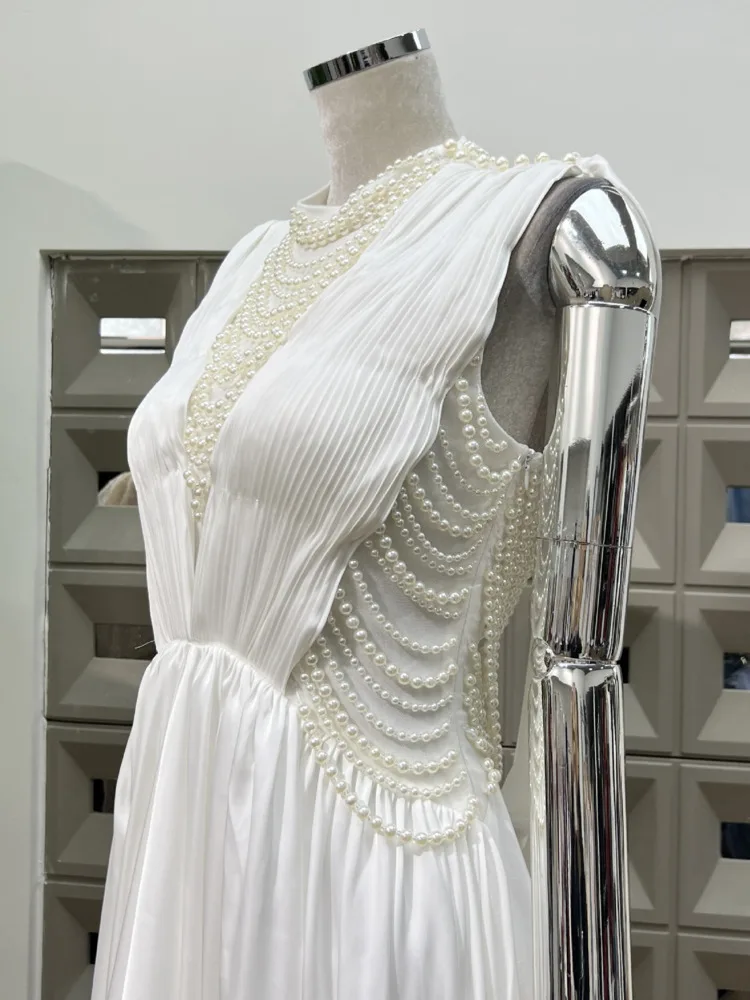 DFDG المرأة 2025 مصمم أنيق لؤلؤ مطرز مساء مزين الخامس الرقبة غير المتكافئة فستان ستان الربيع الصيف فستان الحفلات #5