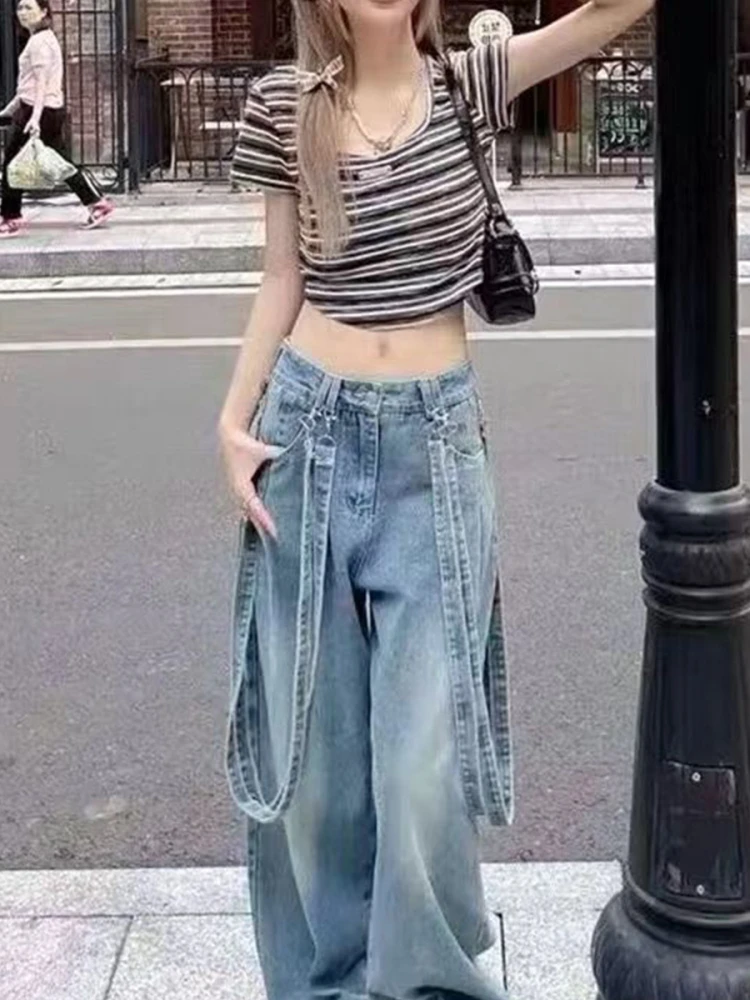 

Women's Two-Way Wear Denim Overalls Summer New Design High Street Retro Spicy Girl Wide Leg Floor-Length Pants Casual Style