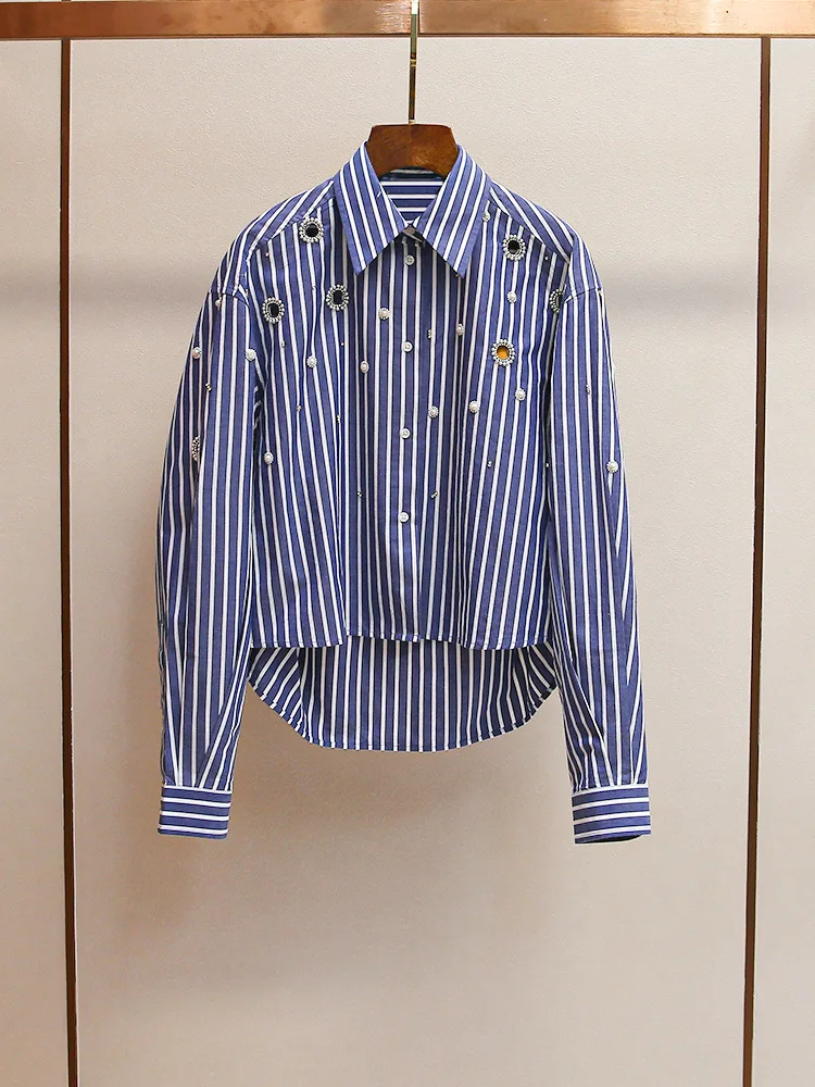 

Новая модная женская блузка в французском стиле с жемчугом и вышивкой, укороченная, в полоску, коллекция Весна 2026