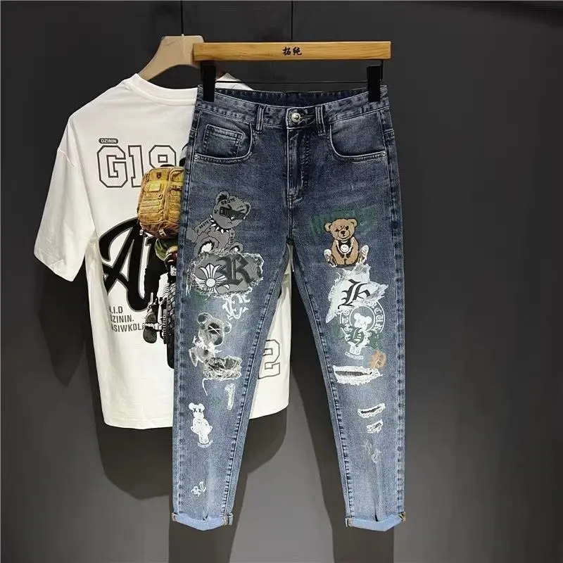 

Brand High-end Trendy Brand Printed Jeans Men's American Handsome Youth Slim-fit Small Feet Thin Elastic Pants Skinny Jeans Men
