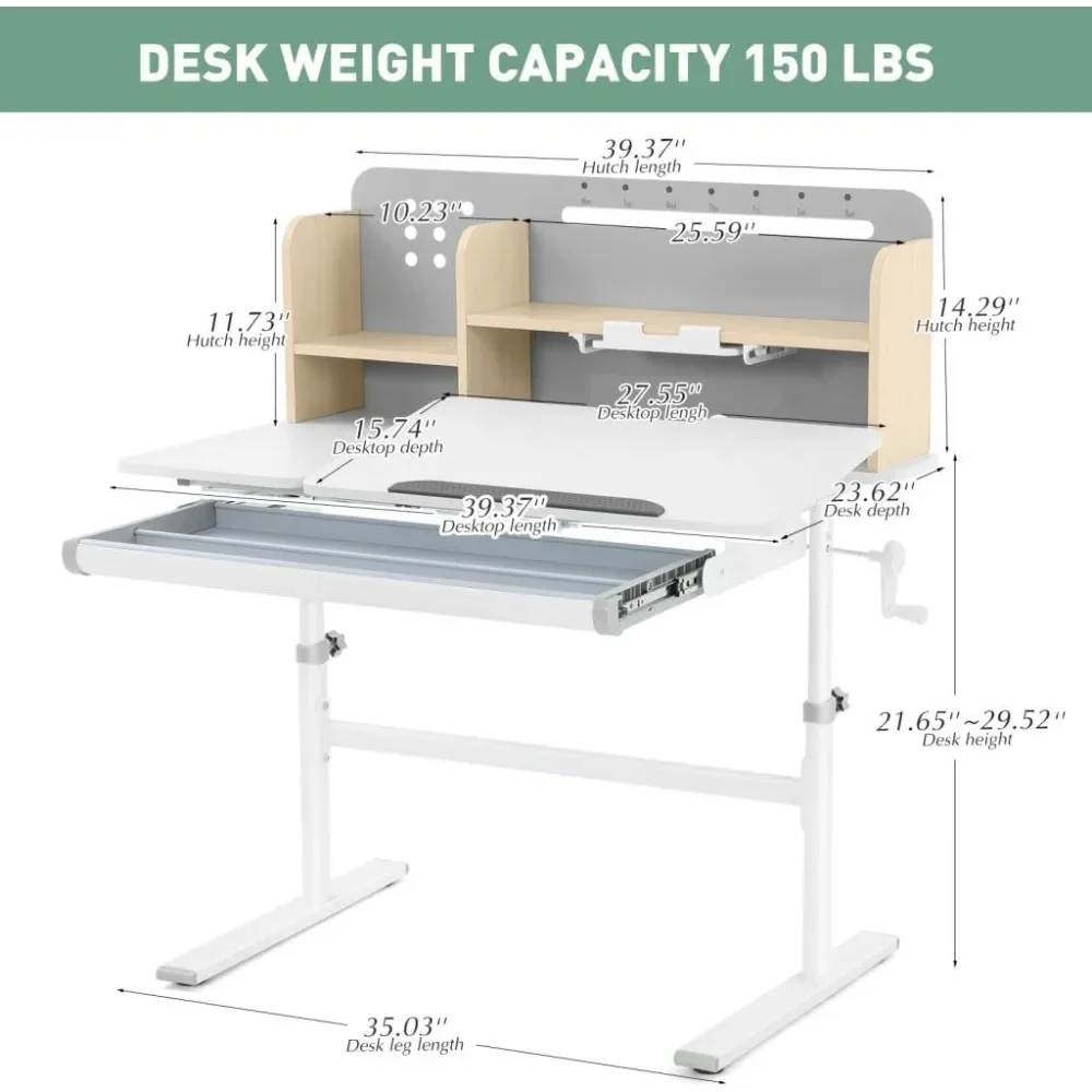 39in Wide Adjustable Height Kids Desk with Tilting Desktop, Steel Frame, Drawer, and Bookshelf Hutch, Study Child Table