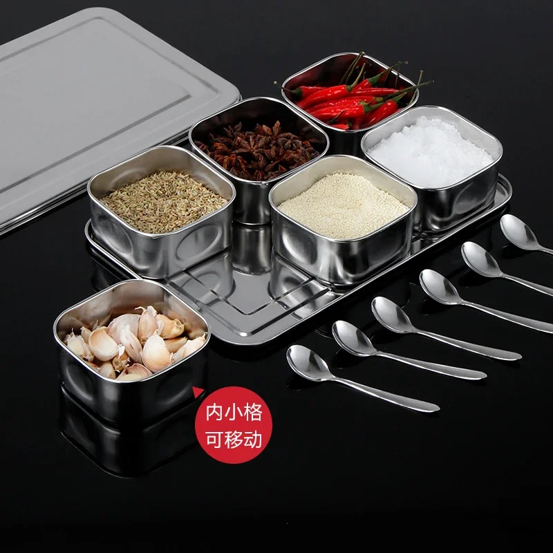 Japanese Stainless Steel Seasoning Box Set Creative Seasoning Jar 6 Grid 8 Grid Optional With Lid Kitchen Health Spice Box