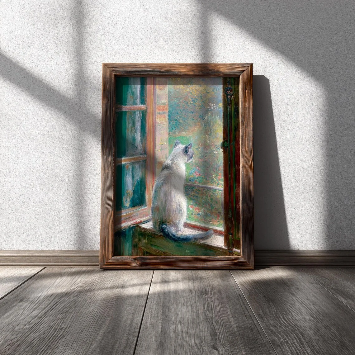 Monet Inspired Siamese Cat Window Wall Print - Impressionist Oil Painting of a Siamese Cat Gazing at a Garden, Green French Wind