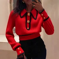 Chic Lapel Long Sleeve Sweater Women 2025 Stripes Elegant Short Knitted Pullover Female Casual Office Warm Soft Tops Clothes 2