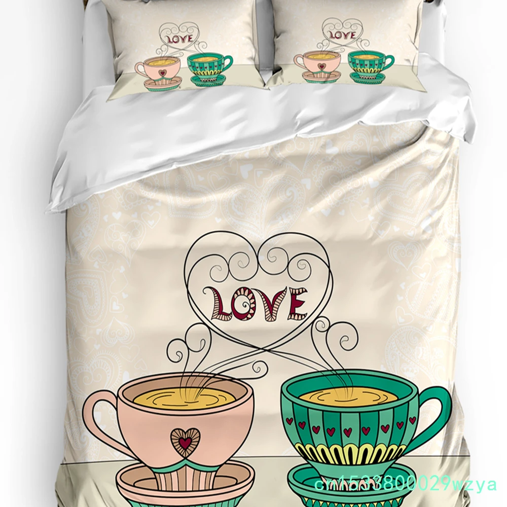 Pink Green Teacup Love Bedding Set 3pcs Boys Girls Duvet Cover Pillowcase Kids Adult Quilt Cover Double Bed Set Home Textile