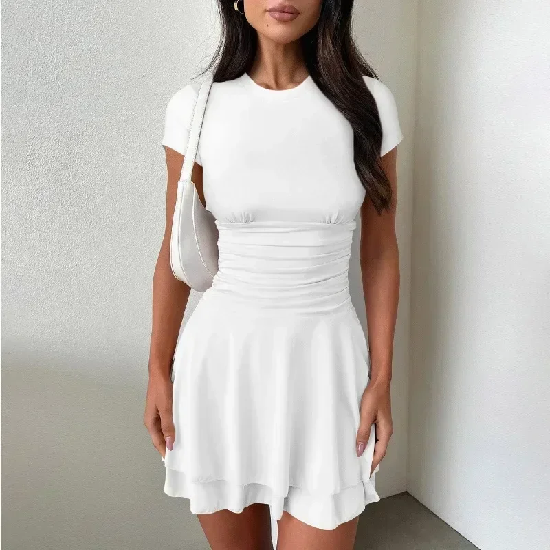 TARUXY Fashion Folds Ruffled Mini Dress For Women Summer New Solid Color Short Sleeves Female Clubs Party Sexy Slim Fit Dress