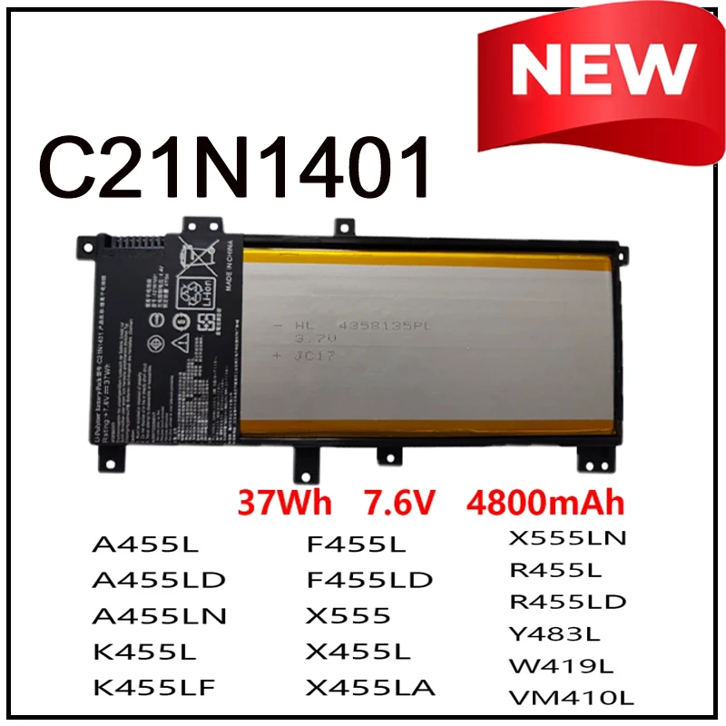Batería para Portátil C21N1401 C21N1409 para ASUS X455, Batería para Portátil ASUS A455L X455L X455LA X455LD X455LN F455L R455L K455L Y483L