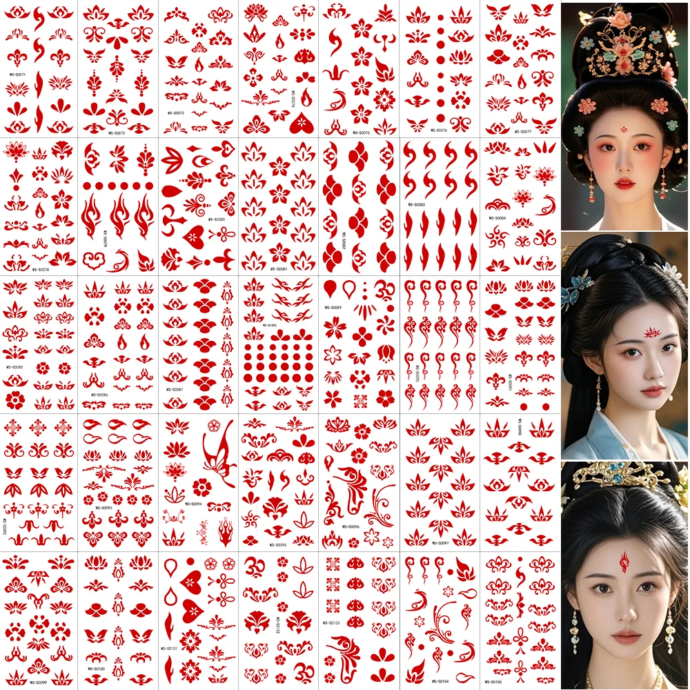 35 Sheets Flower Classic Eyebrow Tattoo Stickers Chinese Style Girl Forehead Print Temporary Tattoos Hanfu Costume Fake Tattoos