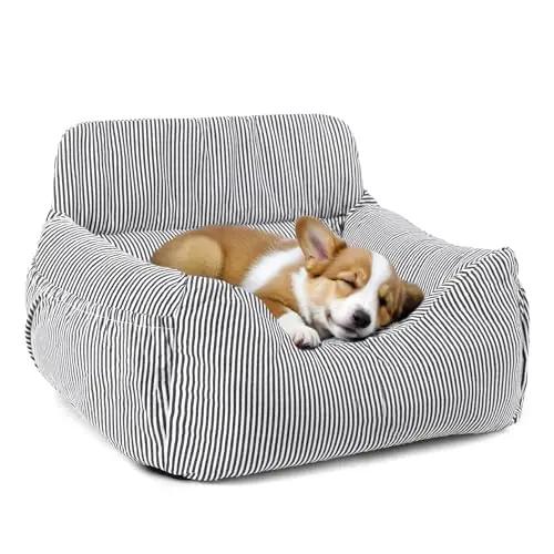 

Striped Washable Pet Car Booster Seat For Small Dogs Featuring Clip-On Safety Leash And Built-In Storage Pockets