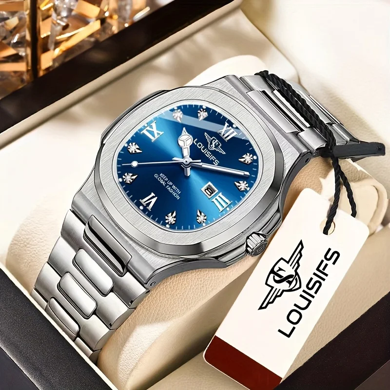 고급 남성용 쿼츠 시계 |   스테인리스 스틸 밴드, 블루 & 골든 액센트, 날짜 표시 - 백팩 C가 포함된 캐주얼하고 우아한 시계