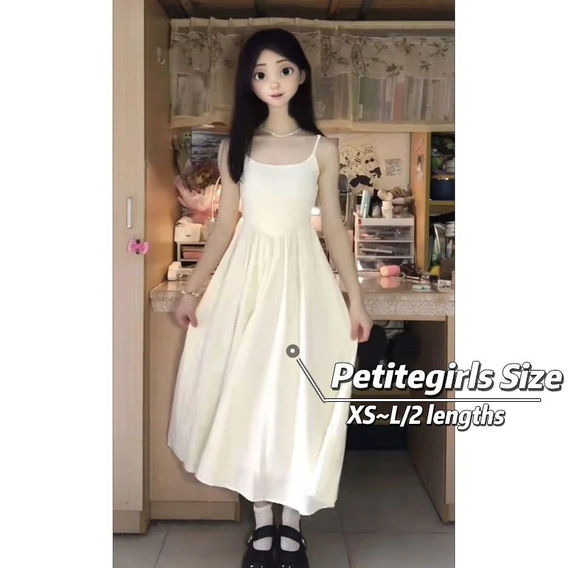 150cm Petite girls French Gentle Wind  Sling White Dress Female Waist retraction A-line Mid-length First Love Base Skirt XS