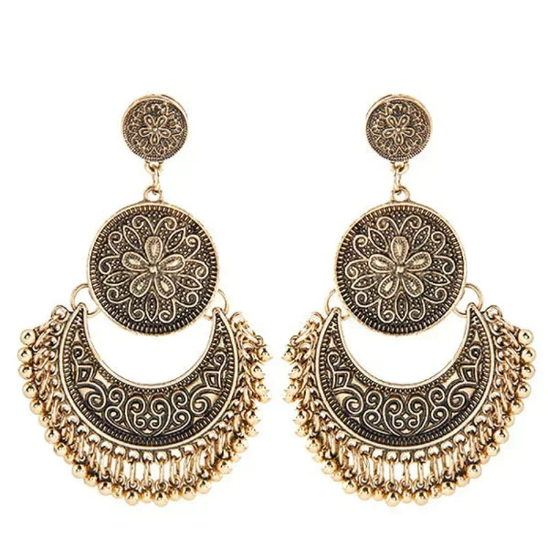 Delysia King Bohemia Women Geometric Alloy Tassels Earring Ethnic Crescent Carving Beads Dangler