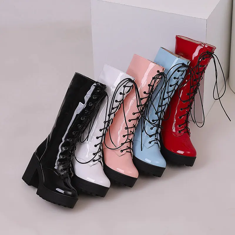 ORCHA LISA Patent Leather Cross Strap Chunky Heels 9.5cm Platform Zipper Lace Plus Size 44 Booty Women Mid Calf Boots Black Hot