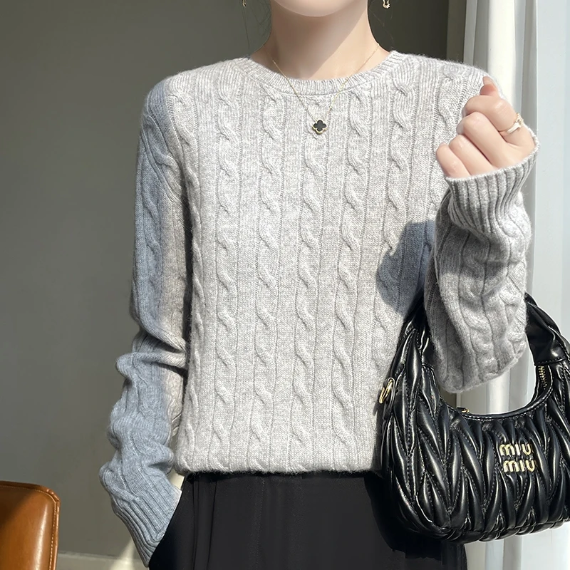 Autumn and Winter round Neck Loose Thick Women's Twist Knitted Sweater Long Sleeve Pullover Bottoming Shirt Lazy Top