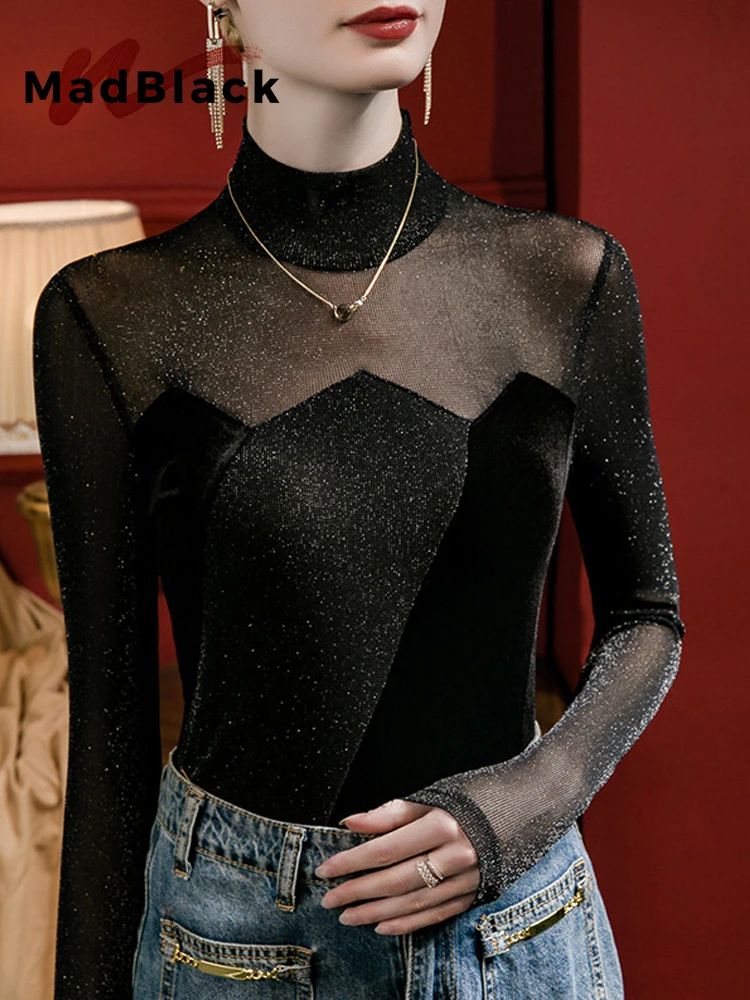 MadBlack-Women European T-Shirt, Sexy Mock Neck Bright Silk, Streetwear Long Sleeve Slim S-3XL Velvet Tee, 2025 Winter T5D344CC