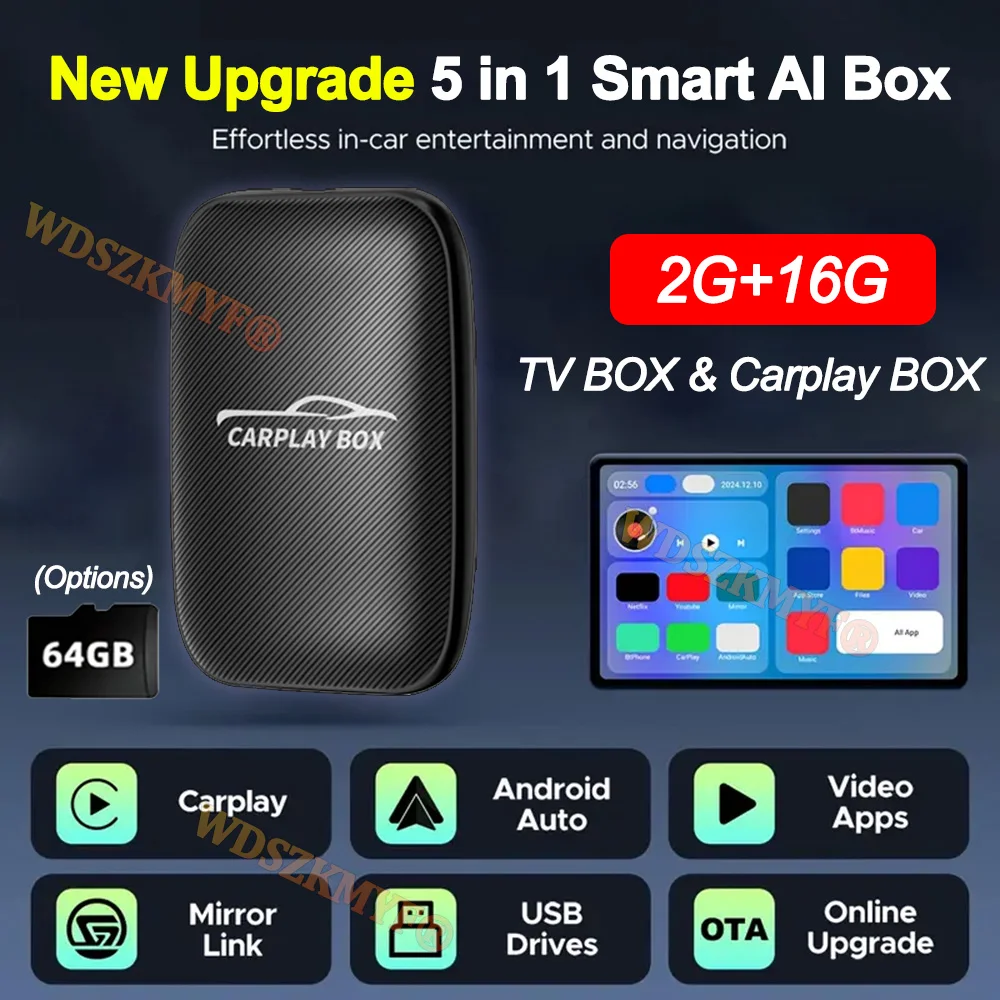 

5 In 1 Smart AI Box 2+16G Wireless CarPlay Android Auto Adapter Car Intelligent System TV BOX For Netflix YouTube TF Card