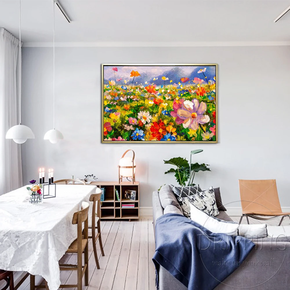 Hand-painted Abstract Landscape Flowers Oil Painting on Canvas Vivid Colors Modern Palette Knife Acrylic Painting for Wall Decor