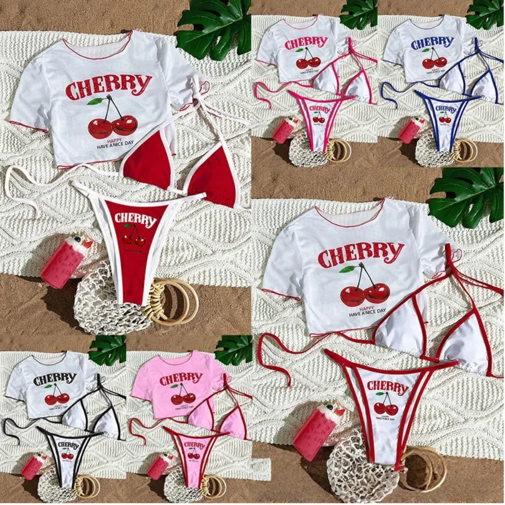 2026 بلوزة شبكية مطبوعة جديدة سبليت مثير ثلاث قطع بيكيني ملابس السباحة النسائية