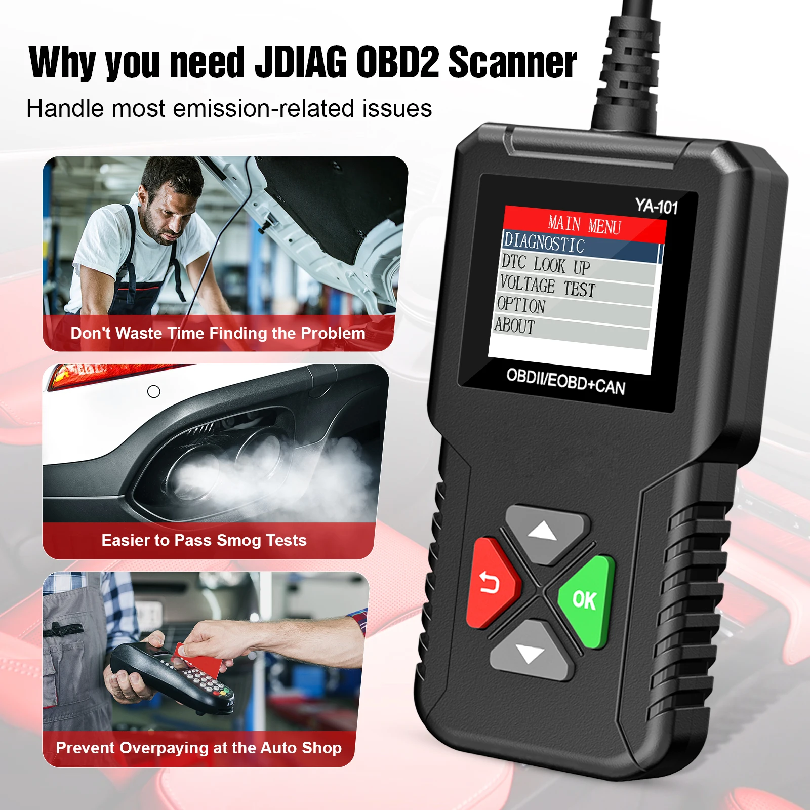 Car OBD2 Scanner YA101 for 12V Automotive Check Engine Error Code Reader Diagnostic Tool Full OBDII Diagnostic Functions