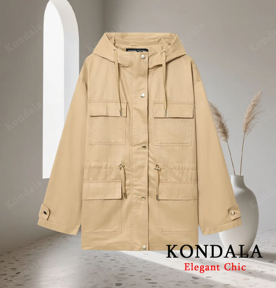 

KONDALA-Women Hooded Cargo Coat Pockets Buttons Loose Coat New 2025 Fall Winter Mujer Stylish Casual Simple High Street Coat