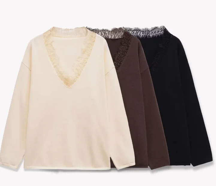 Neue Herbst/Winter Mode Lässiger Langarm V-Ausschnitt Strickpullover Einfarbig Locker Sitzender Spitzen-Pullover