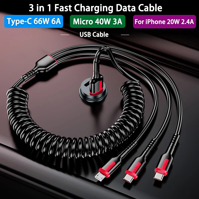 66W 6A 3  in 1 Fast Charging Type C Cable Micro USB for Samsung Xiaomi Redmi Realme Huawei Honor OPPO Phone Charger USB Cable