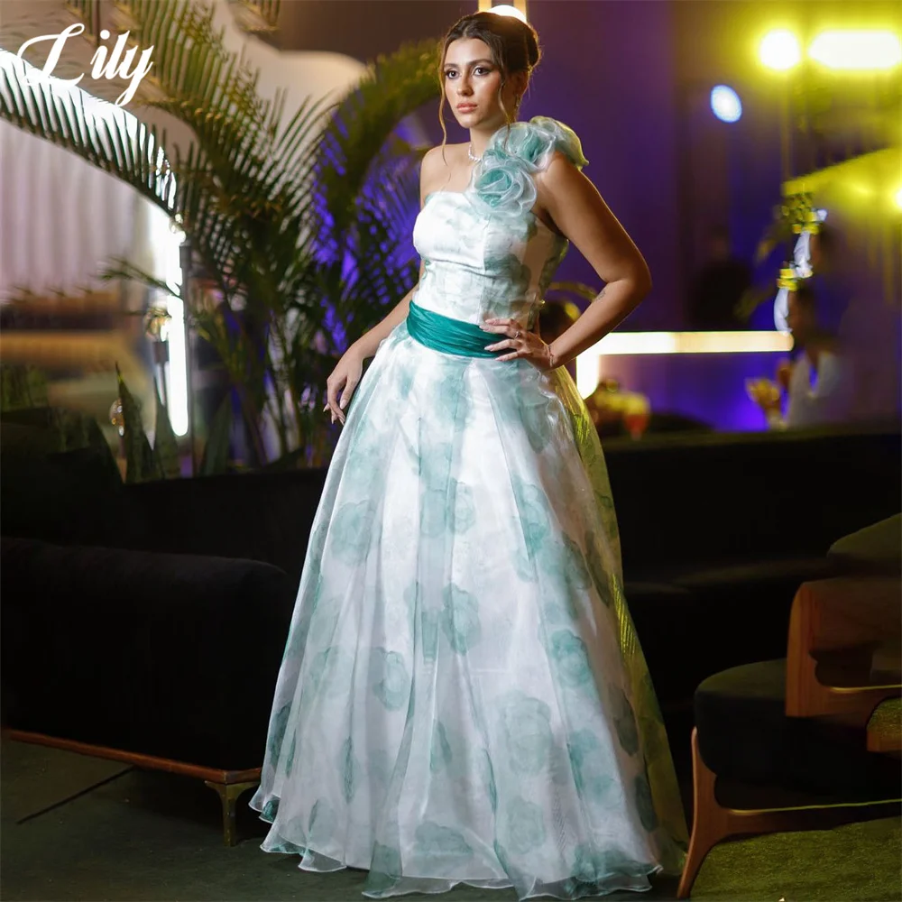 Lily Green Sleeveless Prom Dress Flower One Shoulder Evening Dress A Line Floral Print Party Dress vestidos de fiesta Customized