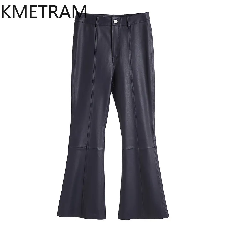 KMETRAM High Stretch Sheepskin Genuine Leather Pants Woman Slim Bootcut Trousers Autumn Winter Pants for Woman High Waist Брюки