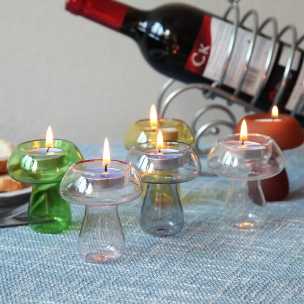 Creative Handmade Mushroom Candle Holders Glass Art Simple Mini Hydroponic Flower Vase Cute Glass Candle Holder Dinner Props