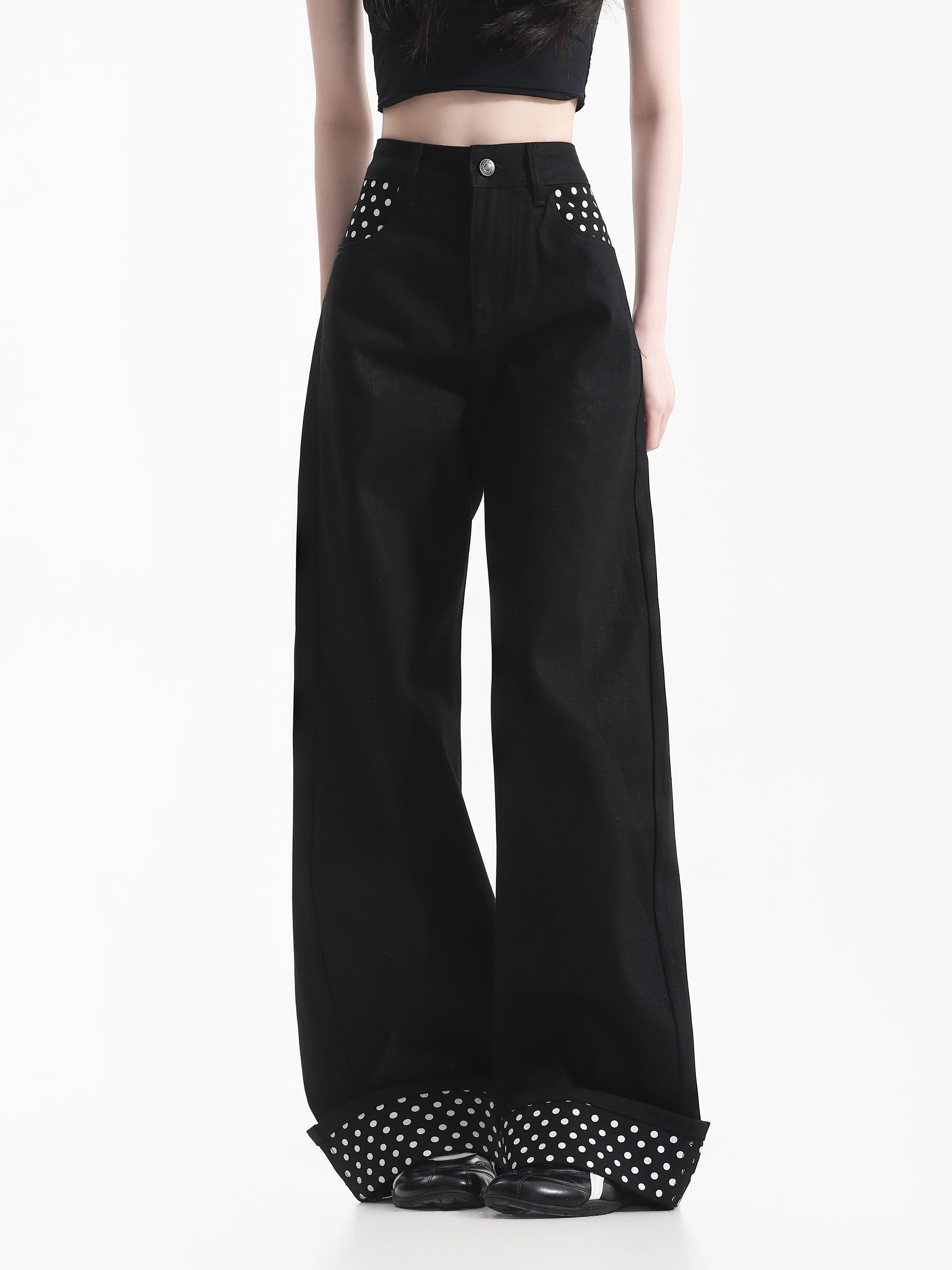 Retro American Design Color Block Polka Dot Cuffed Denim Wide Leg Pants Draping Sensation Neutral Style High Waist Jeans