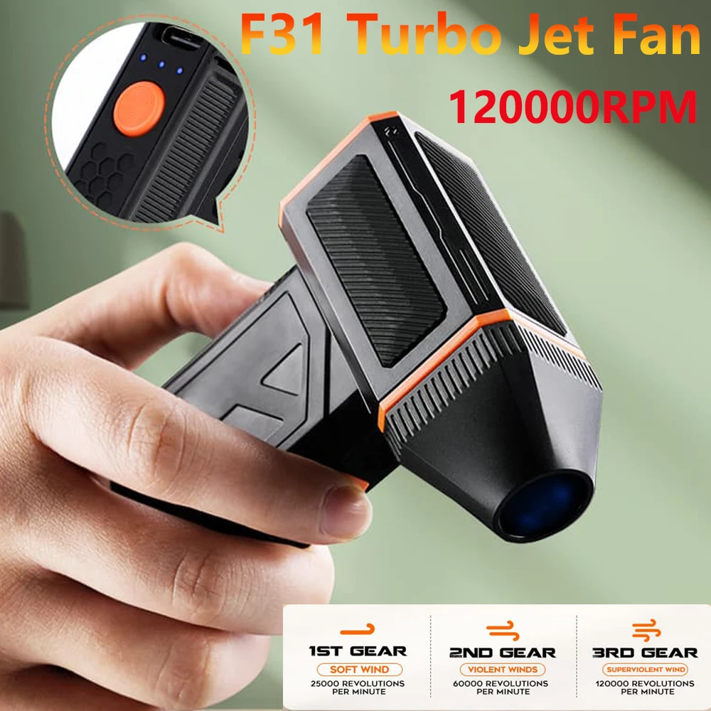 F31 Violent Blower Turbo Jet Fan Super Power Turbo Fan 120000RPM Handheld Brushless Motor Industrial Duct Fan Type-c Charge 120W