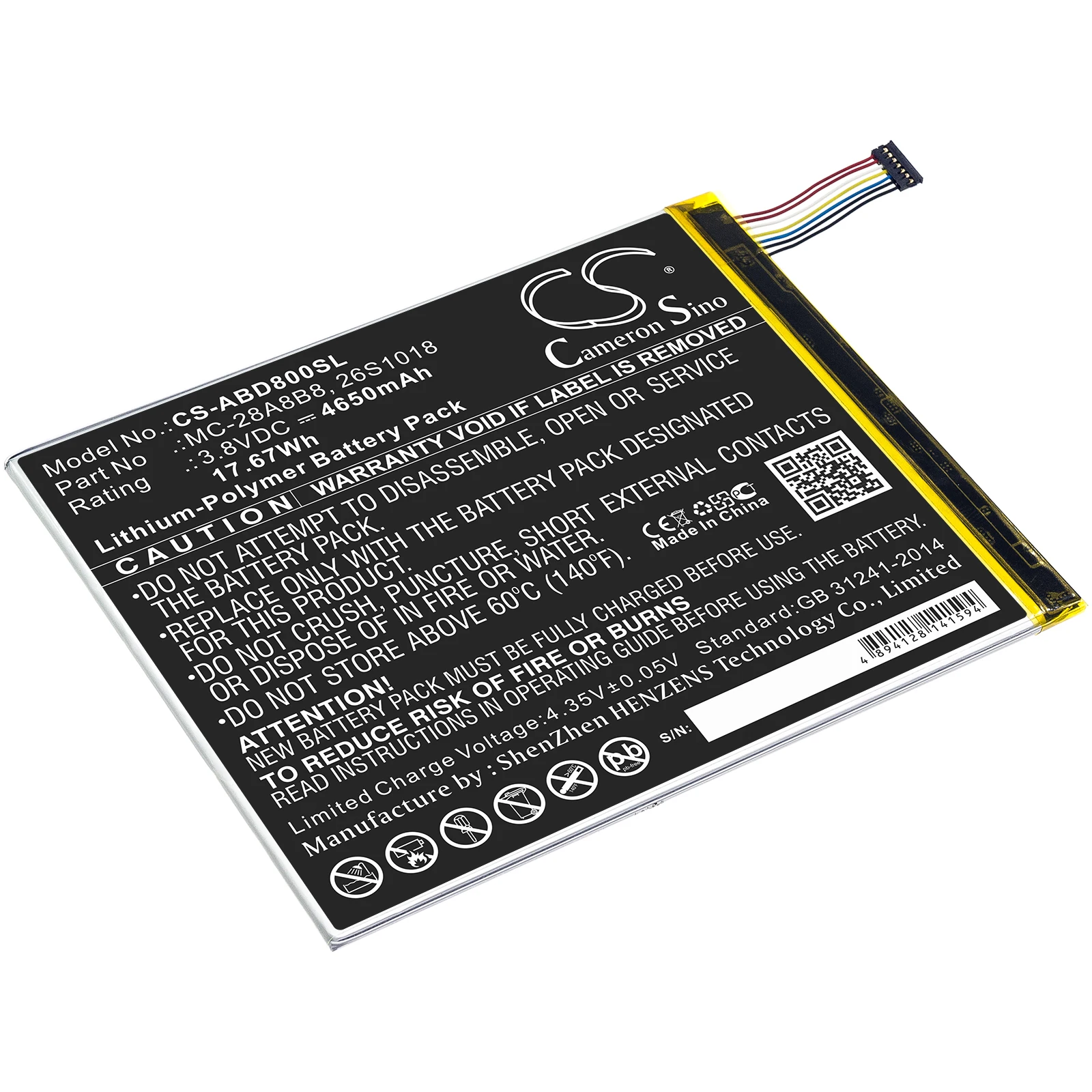 Li-Polymer Tablet Battery for Amazon,3.8v,4650mAh,Kindle Fire HD 8,PR53DC,26S1018,58-000161,MC-28A8B8