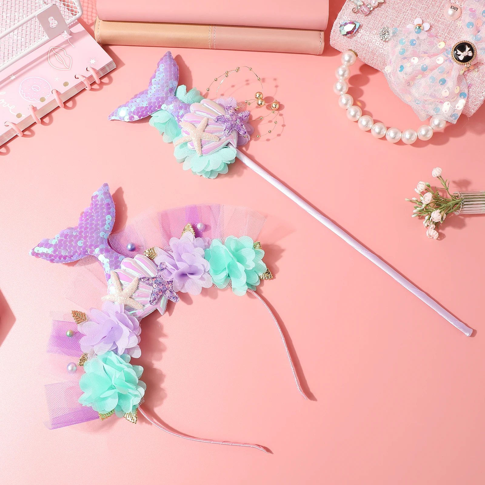 

1Set Chic Hairband and Wand Combo Mermaid Performance Prop for Themed Parties Birthday Events Cosplay Festival