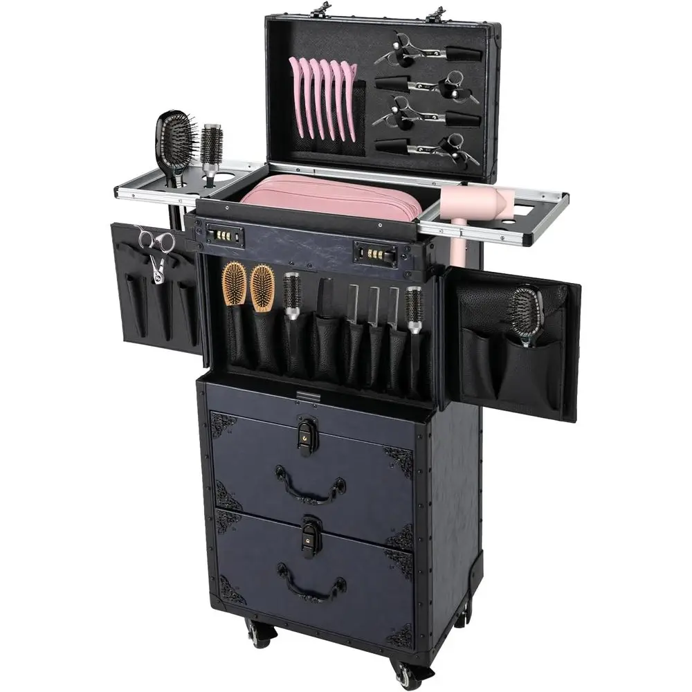 

Large Vintage Train Case Trolley for Hairstylists - Blue Rolling Makeup Case with Lock & Metal Wheels, Portable Storage for Barb
