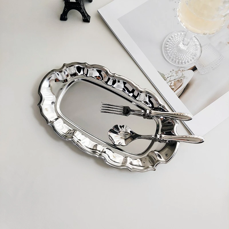2 pièces Plateau de service vintage français style Ins en acier inoxydable, pour gâteaux, desserts, fruits, vaisselle et présentoir à bijoux