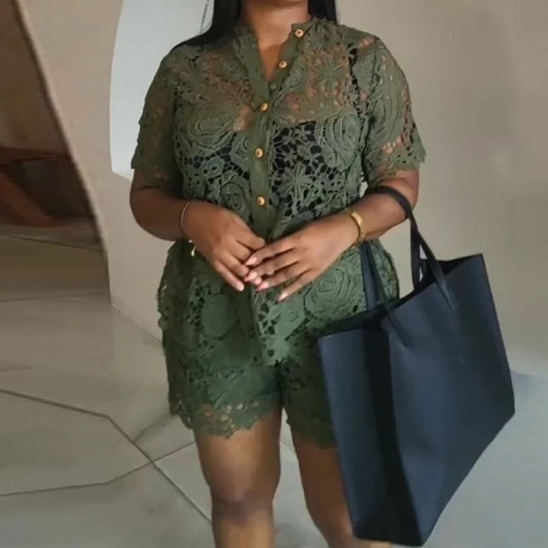 

Fashion Lace Embroidery Women's Set Short Sleeve Blouse Shirt Top & ElegantShorts 2025 Two 2 Piece Sets Outfits Tracksuit 2025