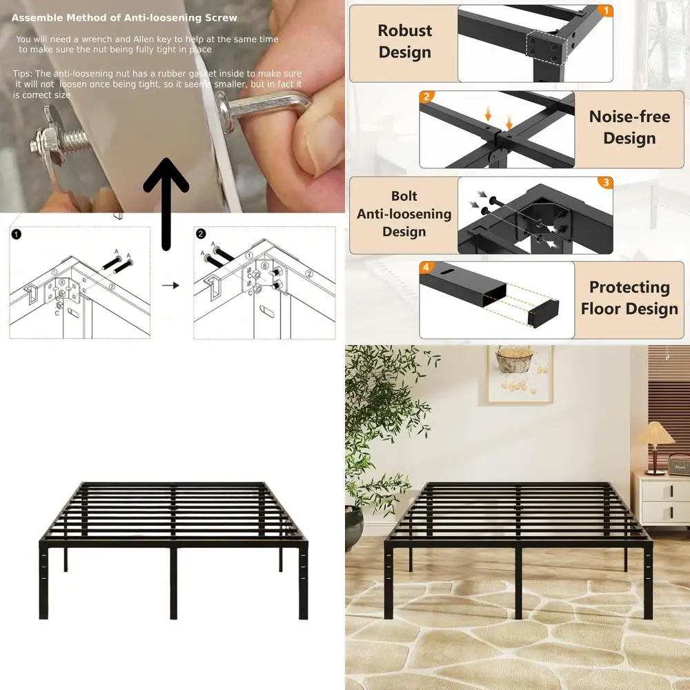 

16-дюймовая металлическая кровать King-size, прочная платформа, без пружинного блока, усиленные ламели, бесшумная, простая сборка, 14,5 дюймов свободного пространства под кроватью, черный цвет.