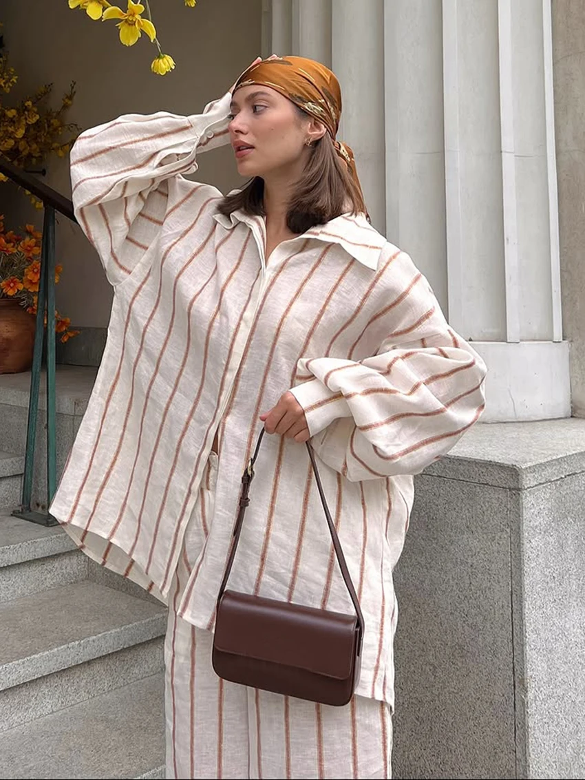 

Marthaqiqi Loose Striped Female Nightwear Set Long Sleeve Sleepwear Turn-Down Collar Nightgowns Pants Casual Women Pajama Suit